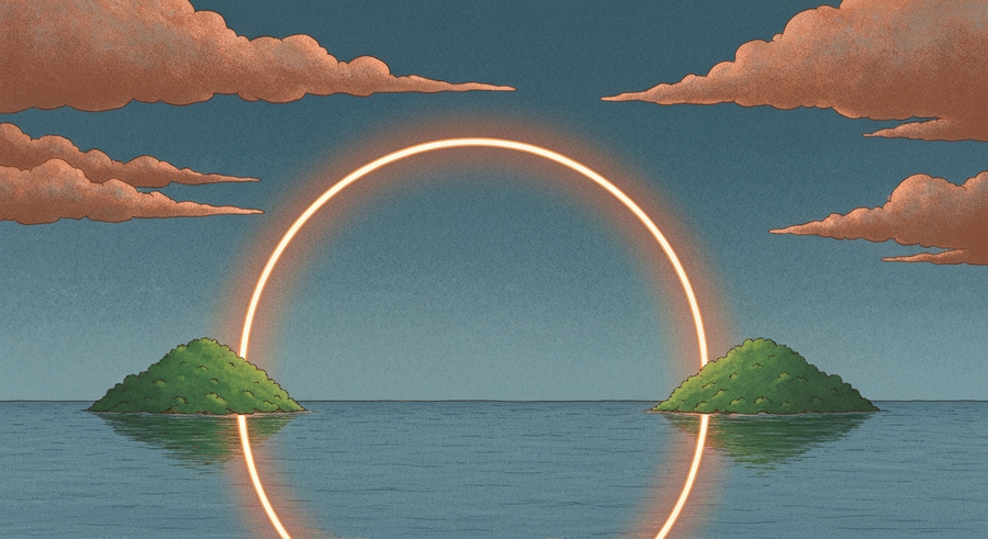 A luminous Mercury symbol forming a bridge between two islands
