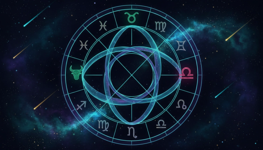 Taurus and Libra glyphs joined by a glowing Venus symbol on an astrology wheel
