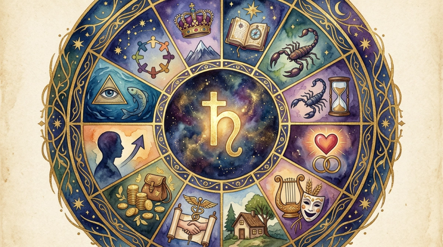 Astrological house wheel with Saturn glyph and symbolic icons for each life domain