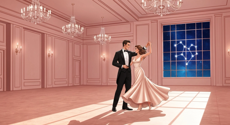Elegant couple dancing at ballroom representing Libra romance and partnership harmony
