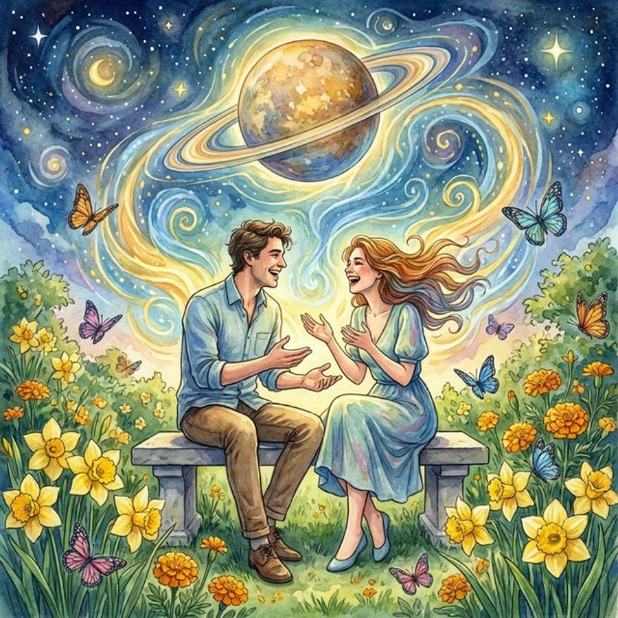 Gemini woman in love illustration showing romantic conversation and intellectual connection in a vibrant spring setting