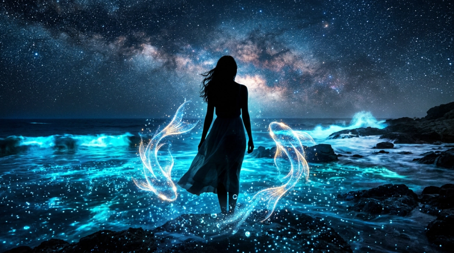 Pisces woman in love — mystical and devoted, surrounded by the sea and stars she's made of
