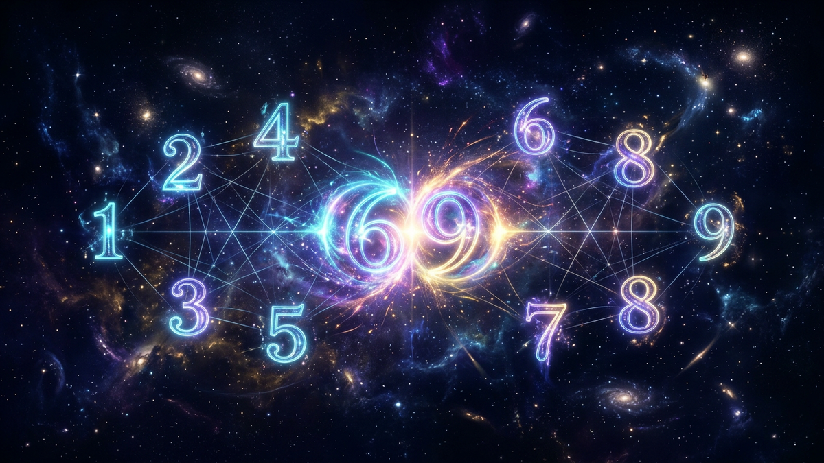 Two cosmic figures with life path numbers 1 through 9 orbiting between them representing numerology compatibility