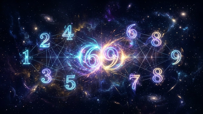 Two cosmic figures with life path numbers 1 through 9 orbiting between them representing numerology compatibility