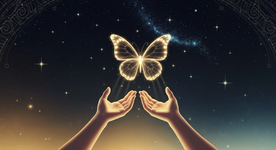 Руки отпускают светящуюся бабочку в ночное небо - освобождение от кармического долга