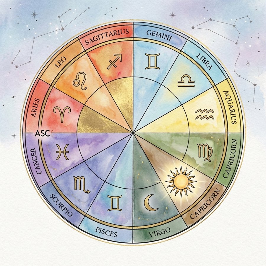 Birth chart wheel illustration showing Sun Moon and Rising sign placements in astrological houses