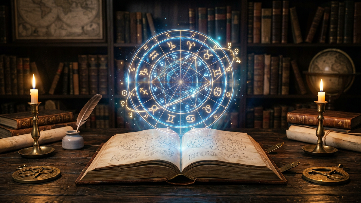 Holographic astrological birth chart rising from an ancient book with zodiac symbols and planetary glyphs