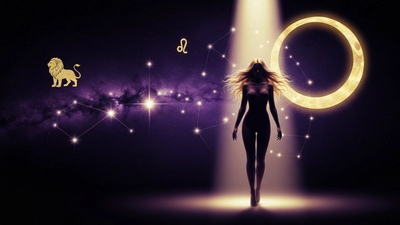 Lilith in Leo astrology - ethereal woman with golden hair in cosmic spotlight with Leo constellation and lion silhouette