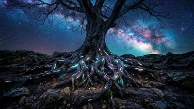 Ancient tree with glowing wounded roots under cosmic sky representing chiron in 4th house