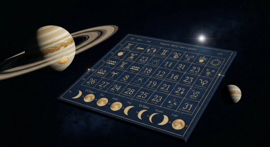 Cosmic calendar with zodiac symbols, Saturn rings and Jupiter, eclipses and moon phases on a timeline
