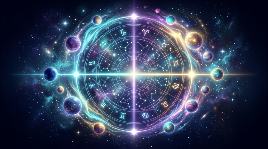 Cosmic chart wheel with a horizon axis and vertical meridian axis marking the four chart angles