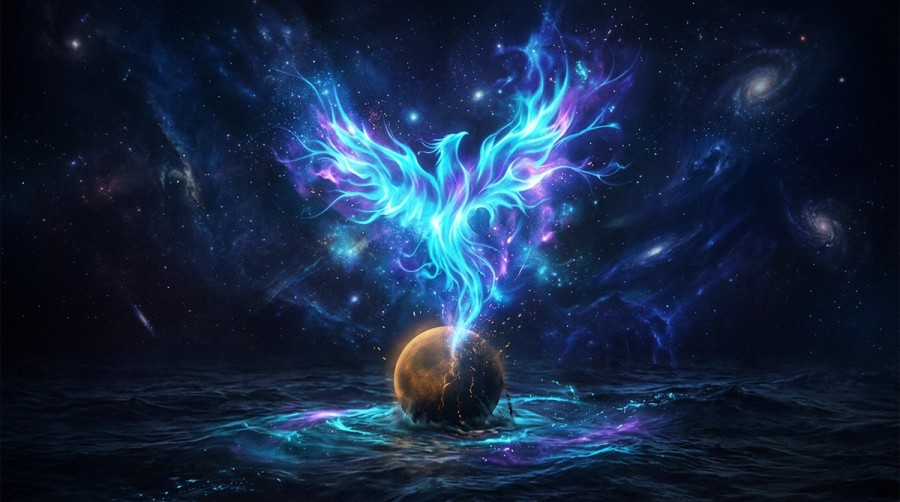 A dimmed planet dissolving into water and rising as a phoenix of cyan light symbolizing love and transformation