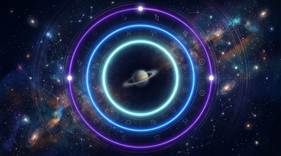 Three concentric Saturn rings expanding outward marking the three phases of a Saturn return month by month