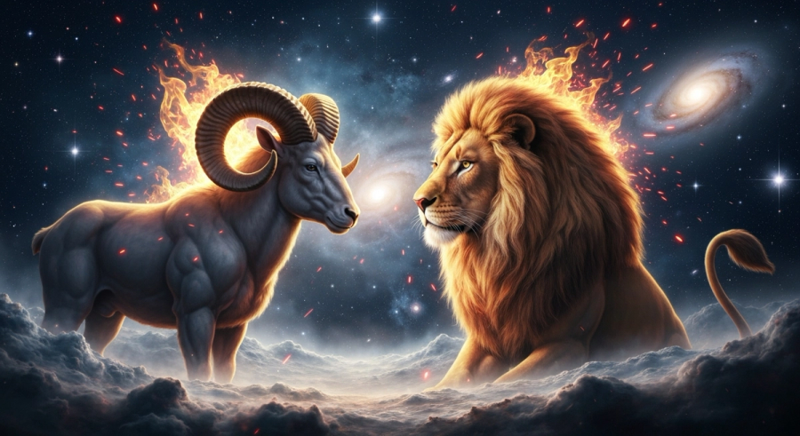 Aries ram and Leo lion with intertwined fire symbolizing zodiac compatibility