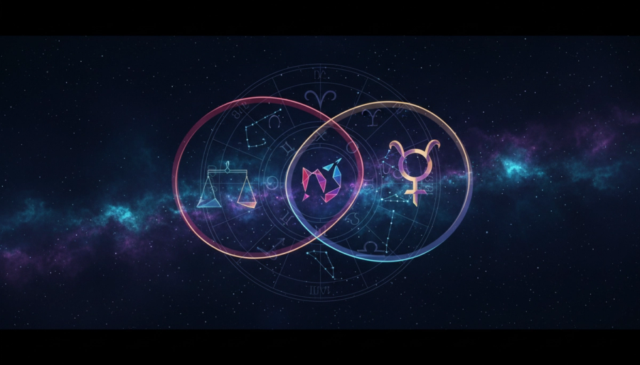 Astrology wheel joining Aries and Libra across a glowing relationship axis