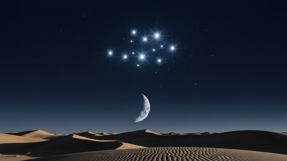 Al Thuraya third mansion astrology - Pleiades star cluster glowing over ancient Arabic desert landscape