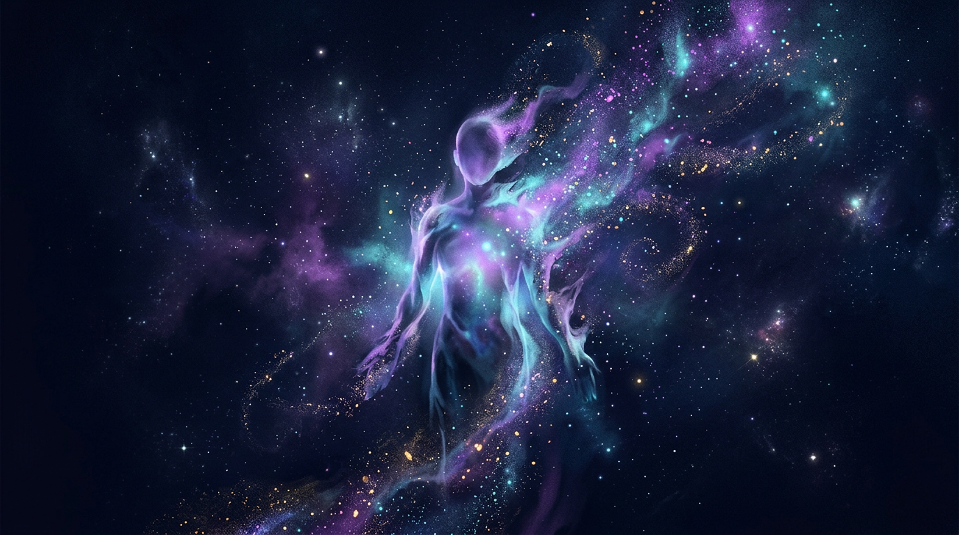 Ethereal figure dissolving into cosmic mist representing chiron in 12th house spiritual wound