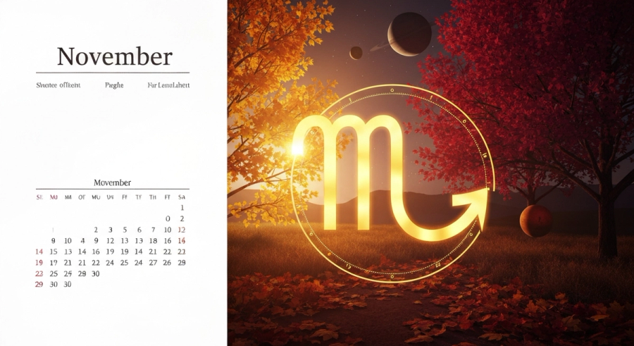 Scorpio constellation glowing over autumn night sky with stars and nebula