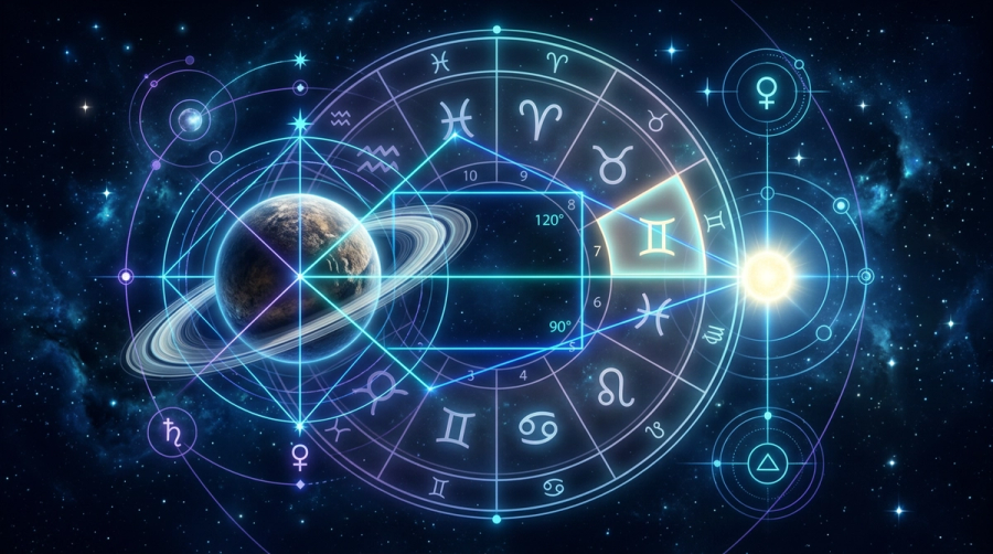 Saturn linked by glowing aspect lines to Venus over a zodiac wheel with the seventh house highlighted