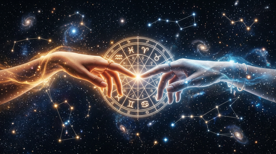 Hand-drawn synastry chart highlighting Venus and Mars planetary aspects for love compatibility