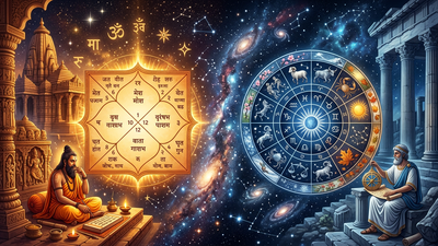 Vedic vs Western astrology comparison showing Indian Vedic chart and Greek zodiac wheel side by side in cosmic setting