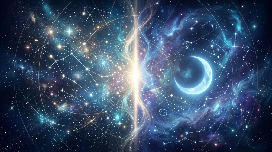 Luminous cosmic boundary where the Gemini sector transitions into the Cancer sector on a starry navy field