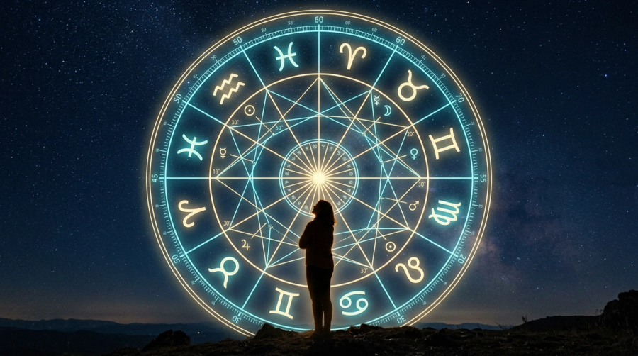 Person studying a luminous birth chart, representing how to read a natal chart step by step