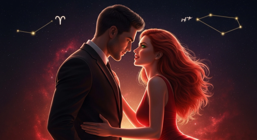 Aries couple under a starry sky showing passionate romantic connection