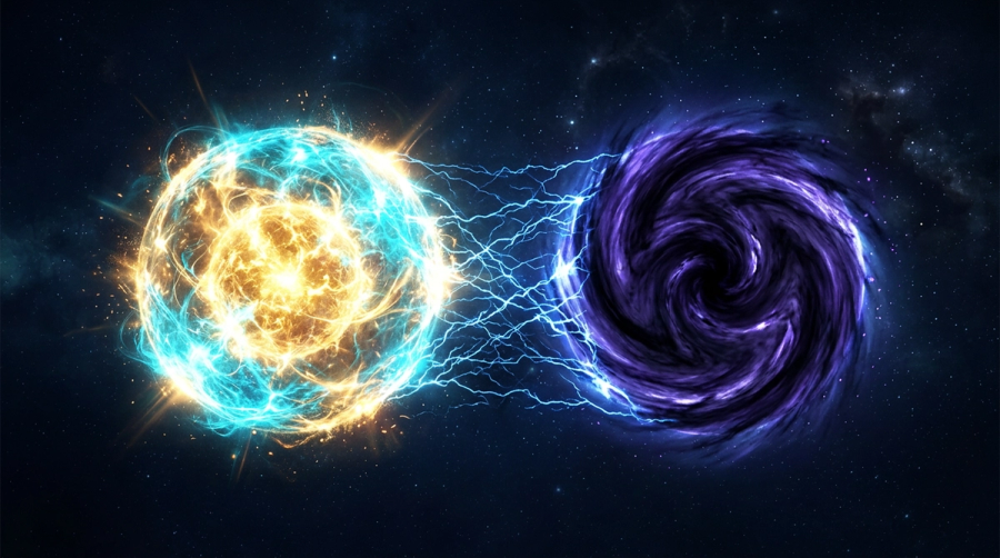 Two equal spheres of gold fire and dark water pulled together in magnetic tension symbolizing Leo and Scorpio