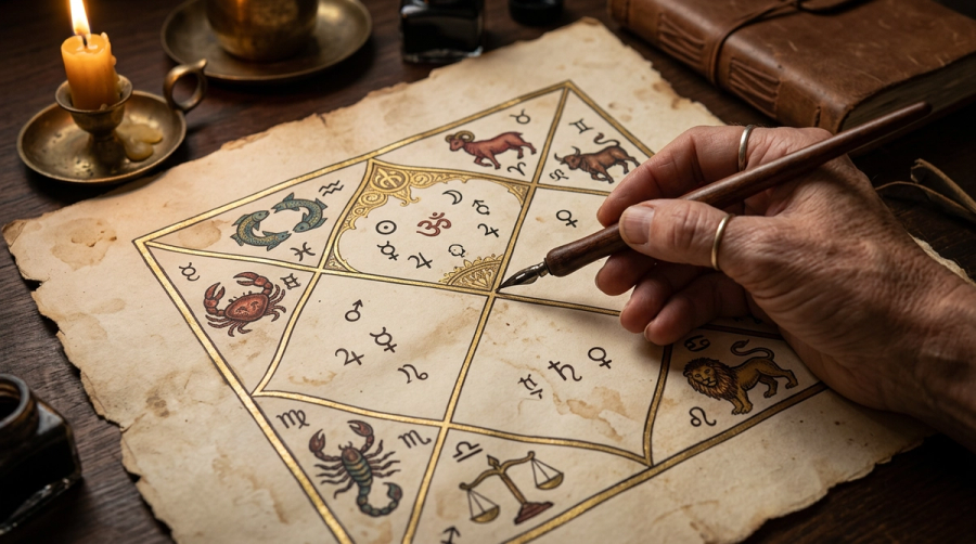 Hand pointing to ascendant position on a traditional Vedic birth chart drawn on parchment