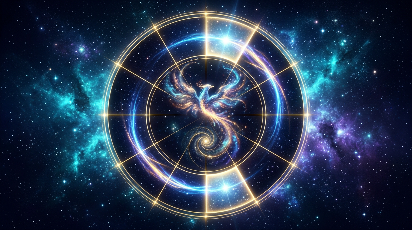 Cosmic chart wheel with a phoenix showing the ruler of the 10th house in the 8th house in Vedic astrology
