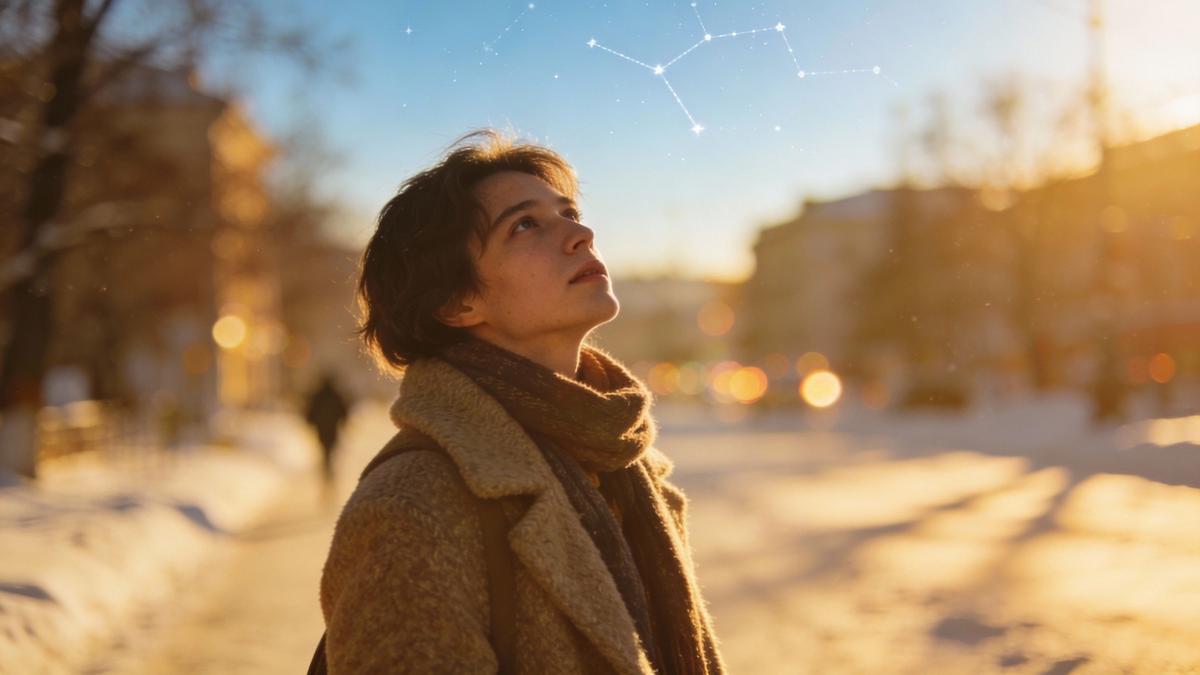 Рефлективный человек гуляет в одиночестве в зимнем солнечном свете с созвездиями в небе