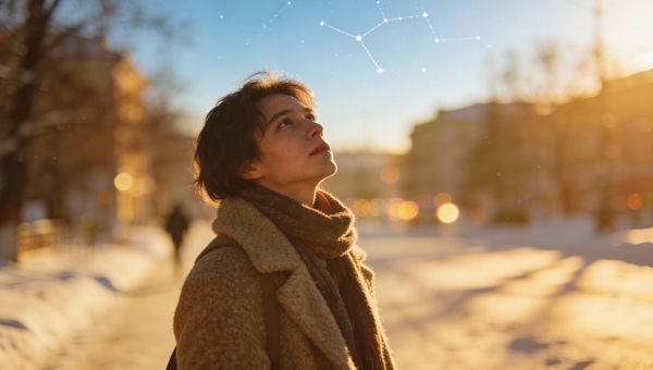 Рефлективный человек гуляет в одиночестве в зимнем солнечном свете с созвездиями в небе
