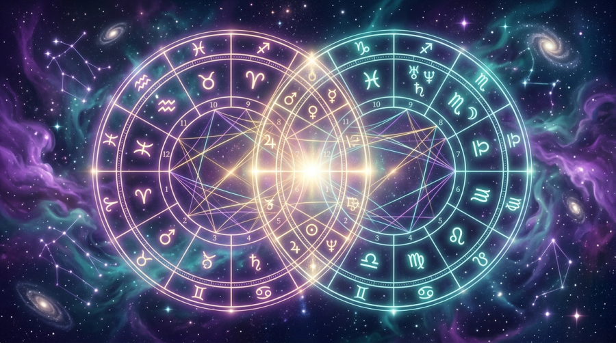 Two overlapping synastry birth charts with glowing planetary connections in cosmic space