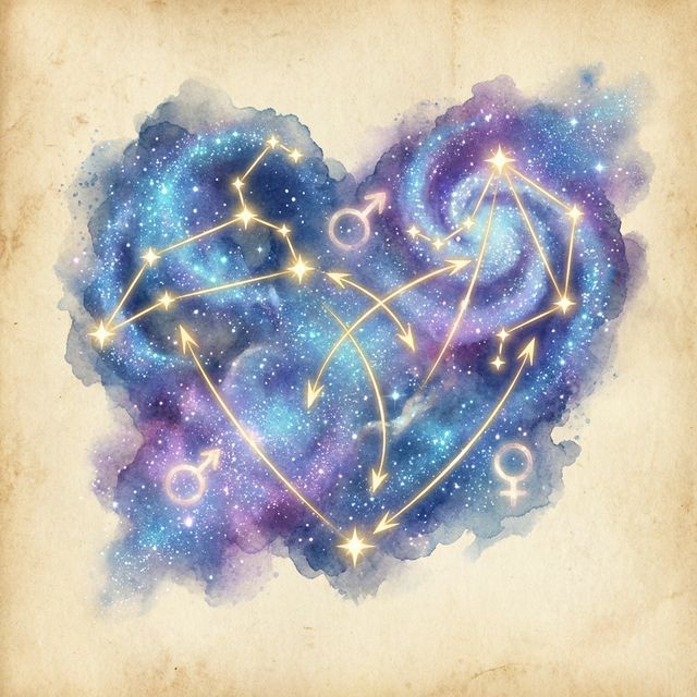 Star sign compatibility calculator illustration showing two zodiac charts connecting with cosmic energy lines in rose and indigo tones