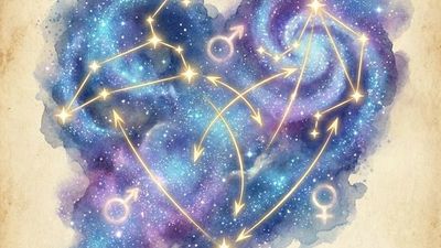 Star sign compatibility calculator illustration showing two zodiac charts connecting with cosmic energy lines in rose and indigo tones