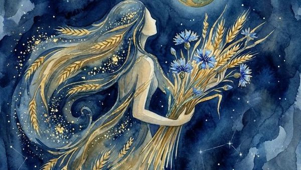 September 14 and 15 Virgo zodiac sign celestial maiden with golden wheat under Mercury planet and sapphire night sky