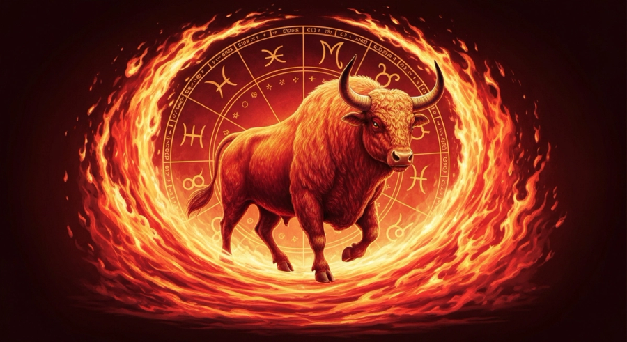 Огненный Бык 1997 года с пламенем и колесом восточного зодиака