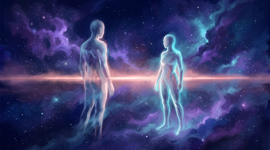 Two luminous figures facing each other across a starlit divide with one figure's reflection echoed in the other