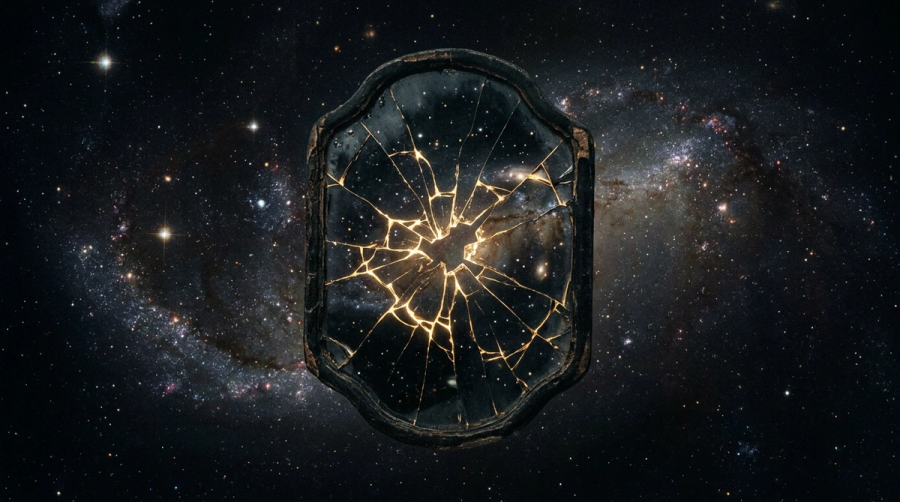 Fractured cosmic mirror representing seeing yourself through relationship wounds