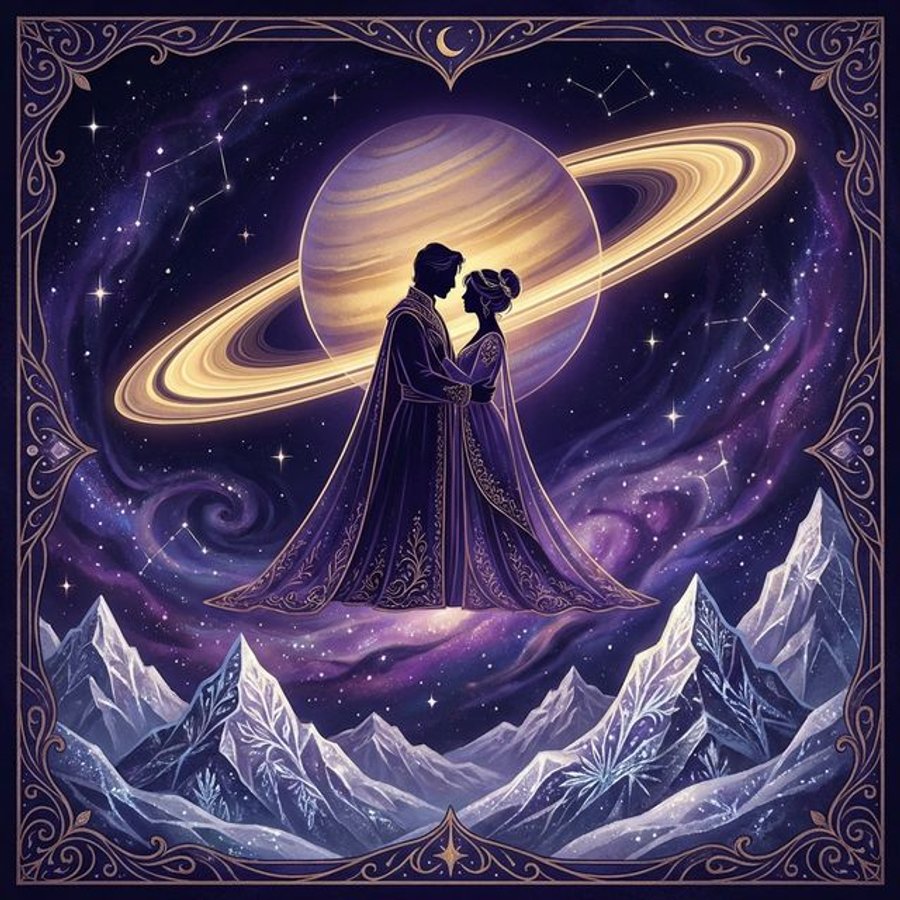 Capricorn woman in love illustration showing elegant couple beneath Saturn rings and mountain peaks in gold and deep purple cosmic setting