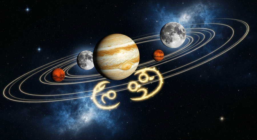 Planets orbiting around glowing Cancer constellation in deep space with Jupiter and Moon prominent