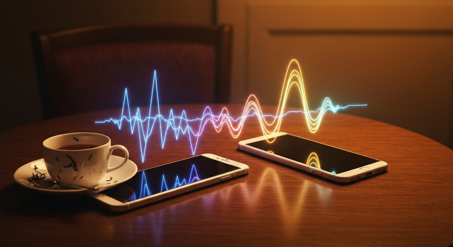 Two phones and unfinished tea showing a communication mismatch