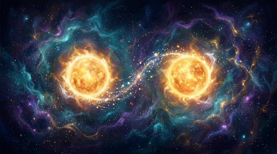 Two suns of equal brightness suspended in cosmic space neither orbiting the other representing Leo woman matched in generosity