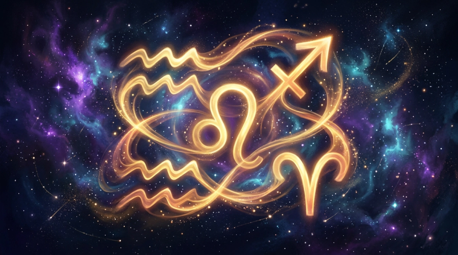 Leo glyph intertwined with Aquarius and Sagittarius glyphs in golden cosmic dance representing Leo synastry compatibility