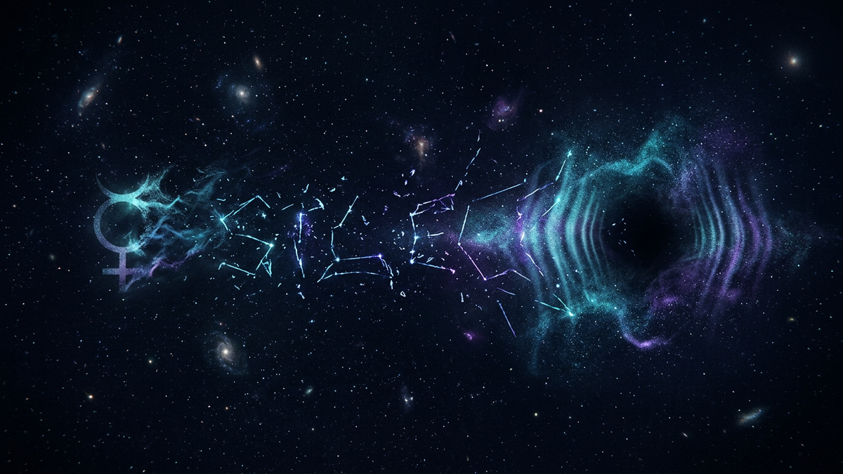 Faint Mercury glyph dissolving into a starfield with broken constellation lines representing chiron in 3rd house communication wound