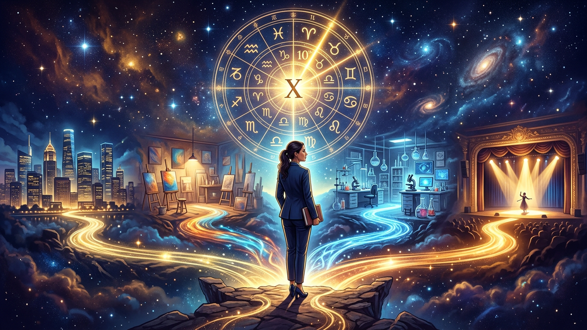 Astrology career test - birth chart with career indicators and professional symbols in cosmic space