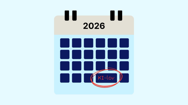 Forenklet kalender for 2026 med sirkel rundt "KI-lov" for å illustrere at AI Act blir innført med ny lov i Norge rundt sensommeren 2026.