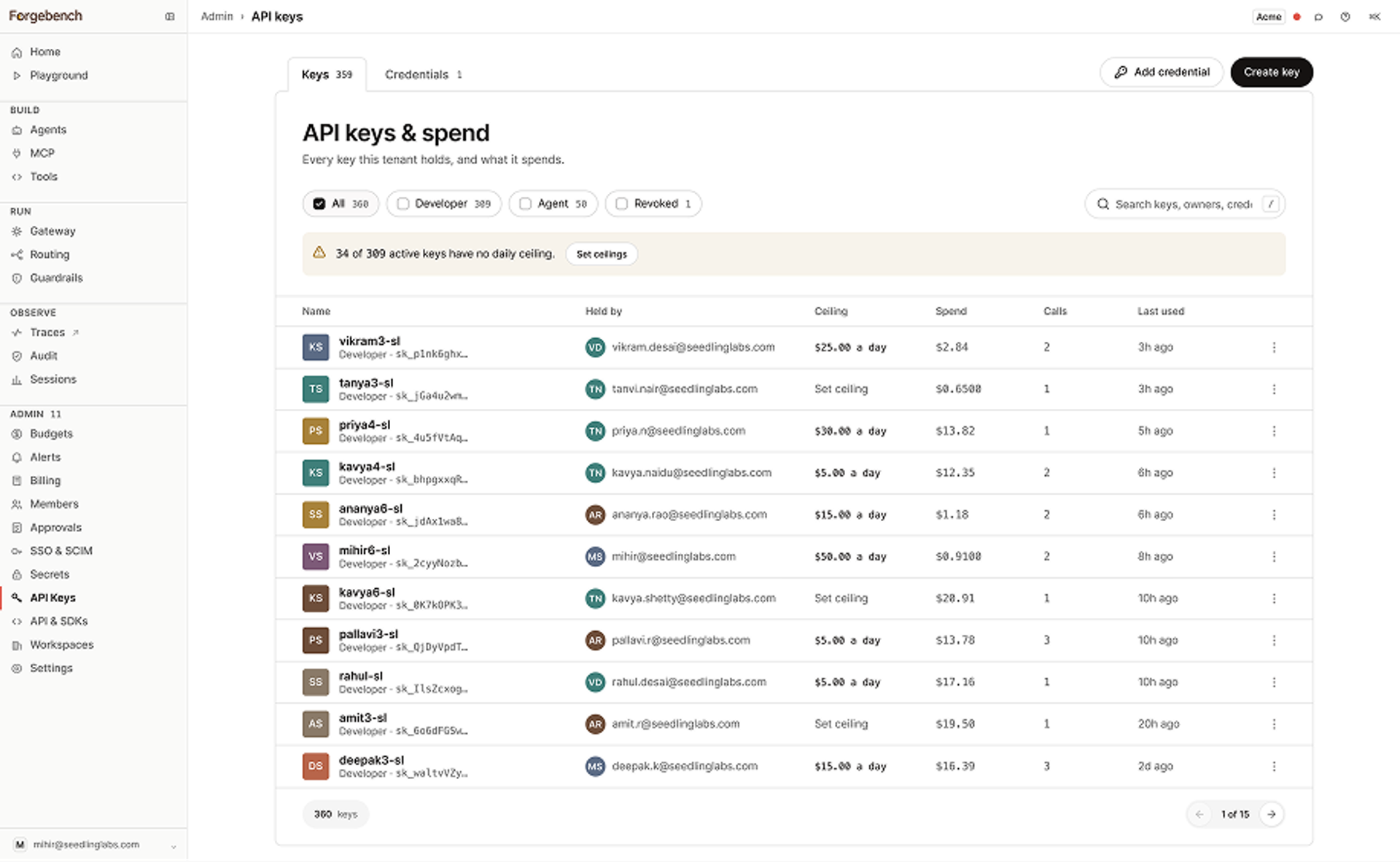 Forgebench developer API keys, ceilings and spend dashboard
