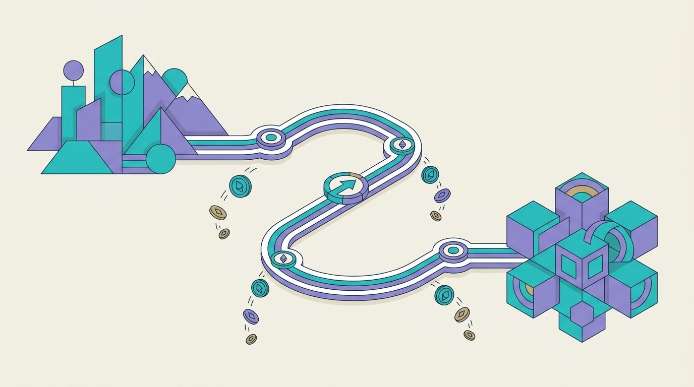Illustration of a payment travelling along a winding path between two places, with coins falling away at checkpoints along the route